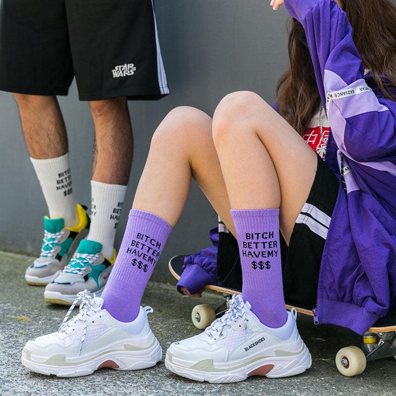 Fashion Letter Socks Unisex Hip - hop Street Sports Crew Black White Hipster Popular Skateboard Cotton Socks Running Cycling Cute Socks Unisex Socks For Men And Women - UrbanCycling.com