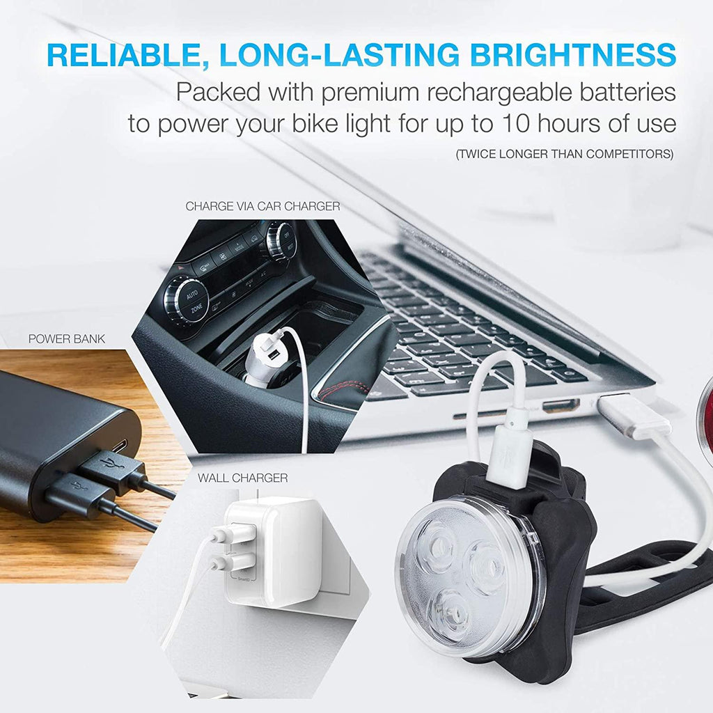 Lightweight USB Rechargeable Bike Light Set Super Bright Front Headlight And Rear LED Bicycle Light 4 Light Mode Options USB Rechargeable Bike Light Set LED Bicycle Front Headlight And Rear Taillight Lithium Battery 650mAh - UrbanCycling.com