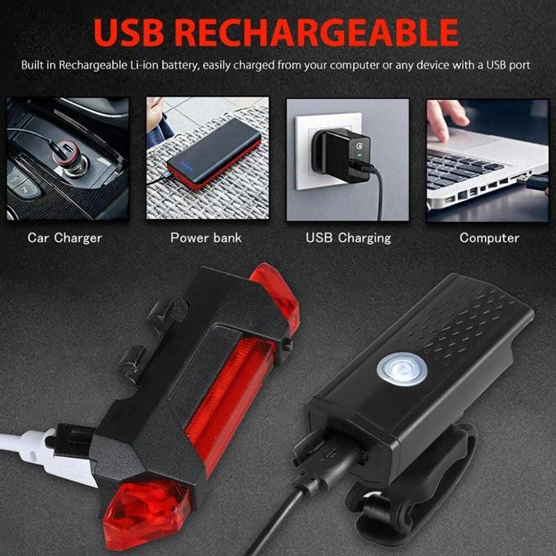 Rechargeable USB Bike Light Bicycle Front Rear Back Taillight Cycling Headlight Bicycle Lamp Flashlight Powerful Front And Back Lights Bicycle Accessories For Night Riding Cycling Safety Best Headlight With USB Tail - UrbanCycling.com