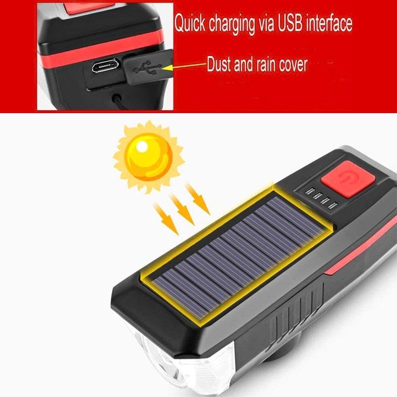 Solar Charging Bicycle Light LED Road Mountain Bike Front Light Waterproof Bicycle Bell Light Rechargeable Headlight Horn Solar Powered USB 3 Mode Bicycle Headlight Combinations Front Light And Bell For Cycling Riding - UrbanCycling.com