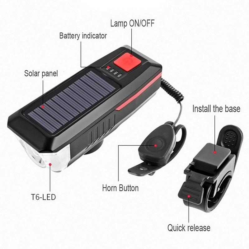 Solar Charging Bicycle Light LED Road Mountain Bike Front Light Waterproof Bicycle Bell Light Rechargeable Headlight Horn Solar Powered USB 3 Mode Bicycle Headlight Combinations Front Light And Bell For Cycling Riding - UrbanCycling.com