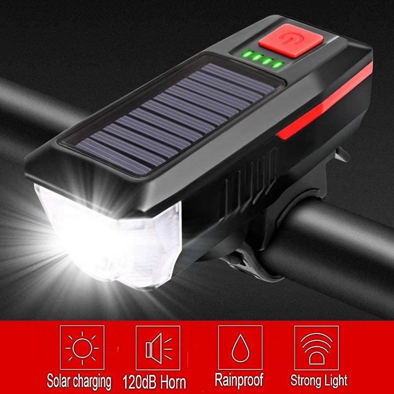Solar Charging Bicycle Light LED Road Mountain Bike Front Light Waterproof Bicycle Bell Light Rechargeable Headlight Horn Solar Powered USB 3 Mode Bicycle Headlight Combinations Front Light And Bell For Cycling Riding - UrbanCycling.com