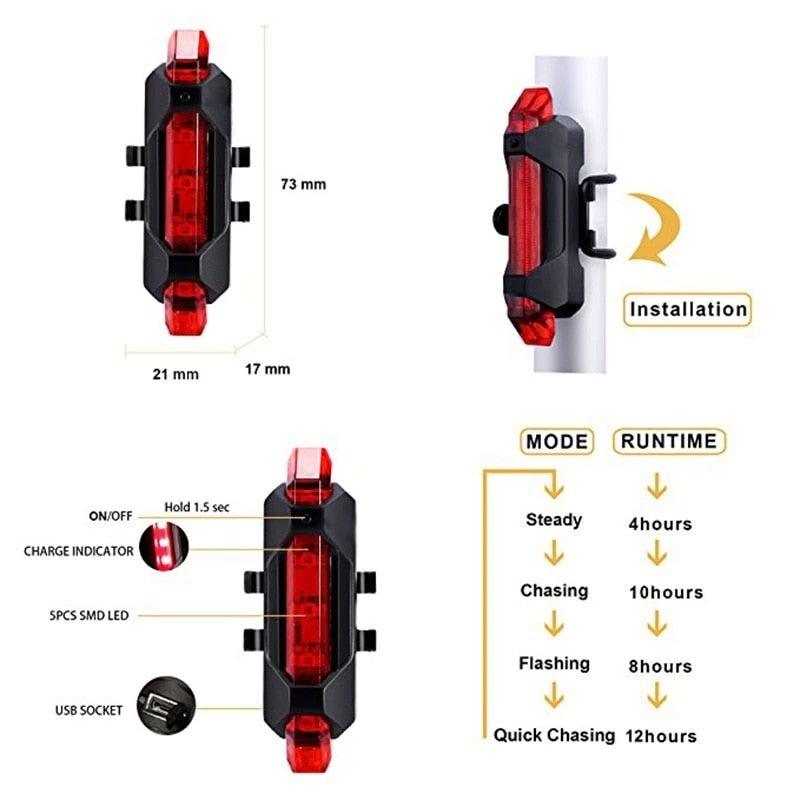 USB Rechargeable Waterproof Mountain Bike Lamp Warning Cycling Taillight Bike LED Headlight Tail Light Ultra Bright Bicycle LED Safety Light Waterproof Cycling Taillight For Electric Scooter - UrbanCycling.com