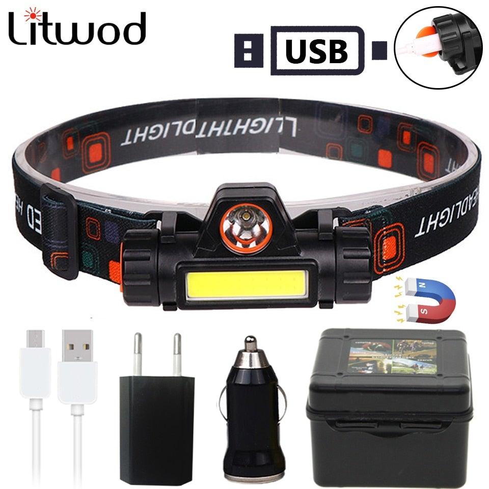 Waterproof 2 Light Mode USB LED Headlight With Magnet Rechargeable Headlamp Built - in 18650 Battery Flashlight COB Work Light For Outdoor Camping Cycling Fishing Headlamp Flashlight - UrbanCycling.com