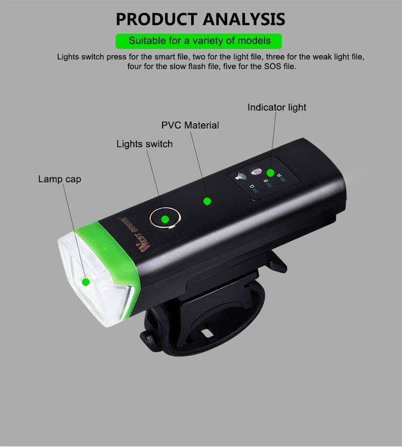 Waterproof Bicycle Light Smart Front Lamp Headlight With Horn USB Rechargeable LED Cycling Flashlight Bicycle Lights Set Powerful Lumens LED Bike Front For Adults Road Cycling Safety Flashlight - UrbanCycling.com